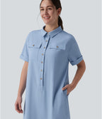 Robe casual mi-longue col manches courtes ourlet courbe avec poches