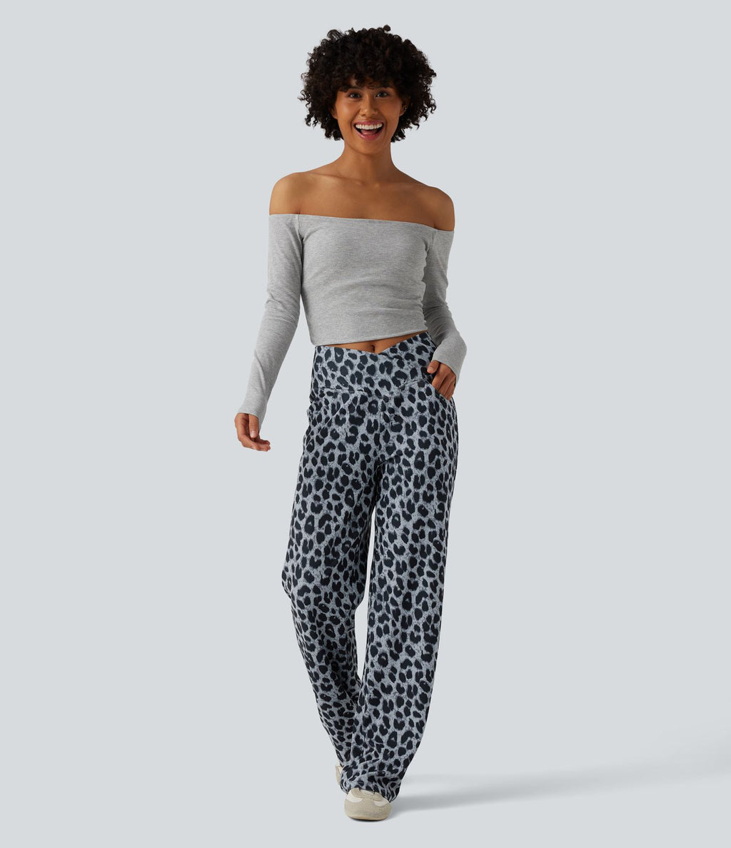 Pantalon large décontracté taille haute croisé imprimé léopard en tissu gaufré avec poches