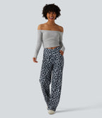 Pantalon large décontracté taille haute croisé imprimé léopard en tissu gaufré avec poches