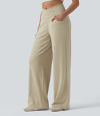 Pantalon droit décontracté côtelé croisé gainant taille haute avec poches