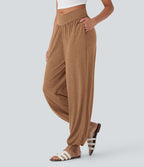 Pantalon de jogging décontracté à taille haute croisée avec poches latérales et cordon de serrage
