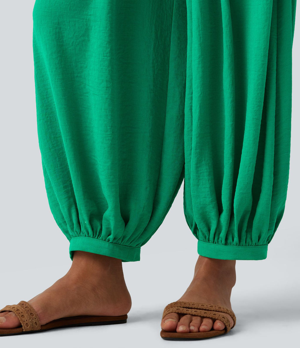 Pantalon ballon fluide resort taille haute effet lin avec cordon de serrage et poches