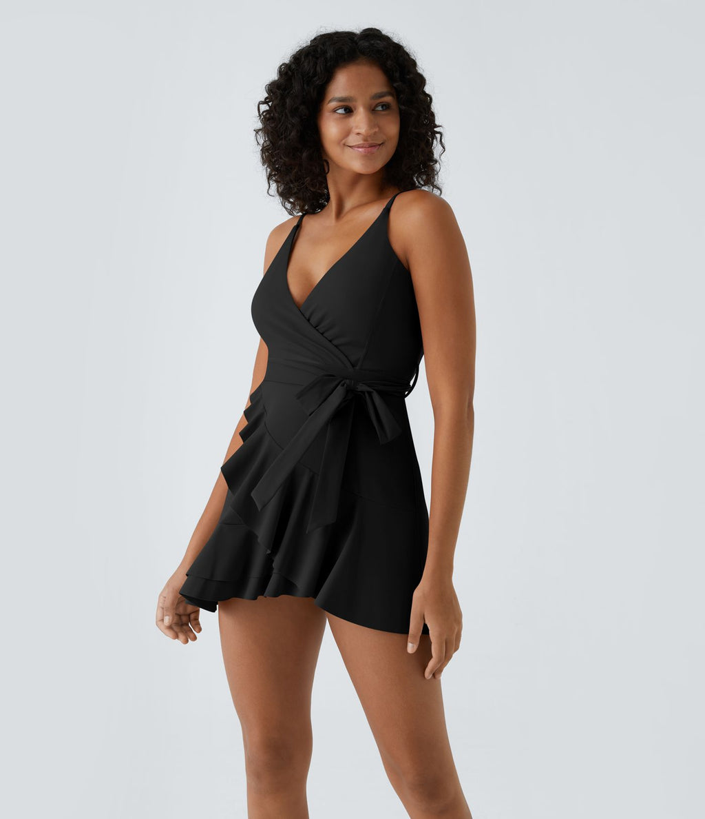Robe décontractée mini 2-pièces col V liens latéraux volant fluide avec poche A-D