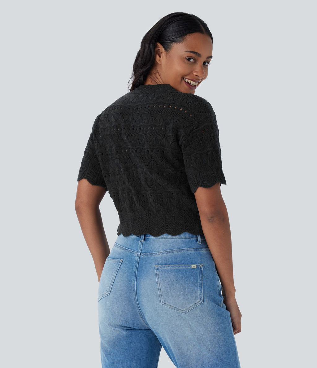 Pull décontracté en maille ajourée à col rond, manches courtes et bordure festonnée