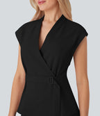 Veste short tailleur à col V, sans manches, portefeuille et ceinture