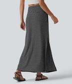 Jupe longue casual gainante taille haute à rayures et fente avec poches