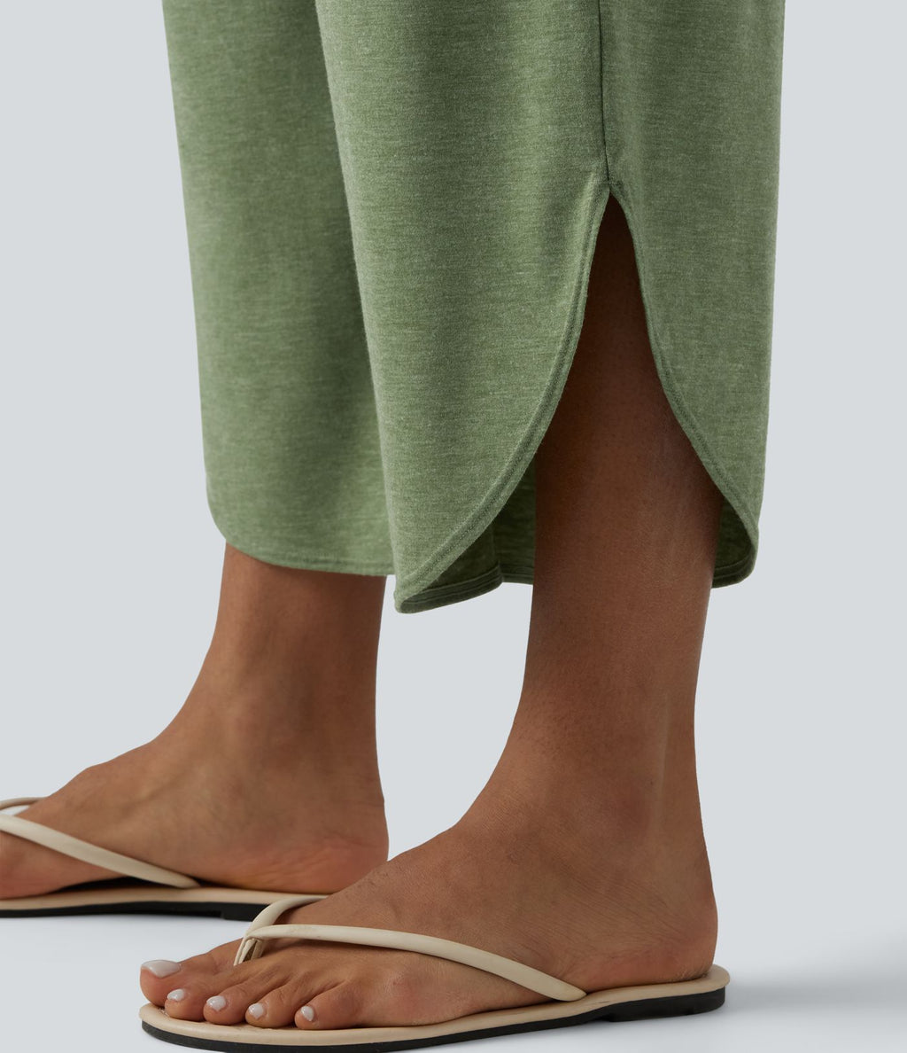 Pantalon décontracté taille haute croisé à ourlet courbe avec poches