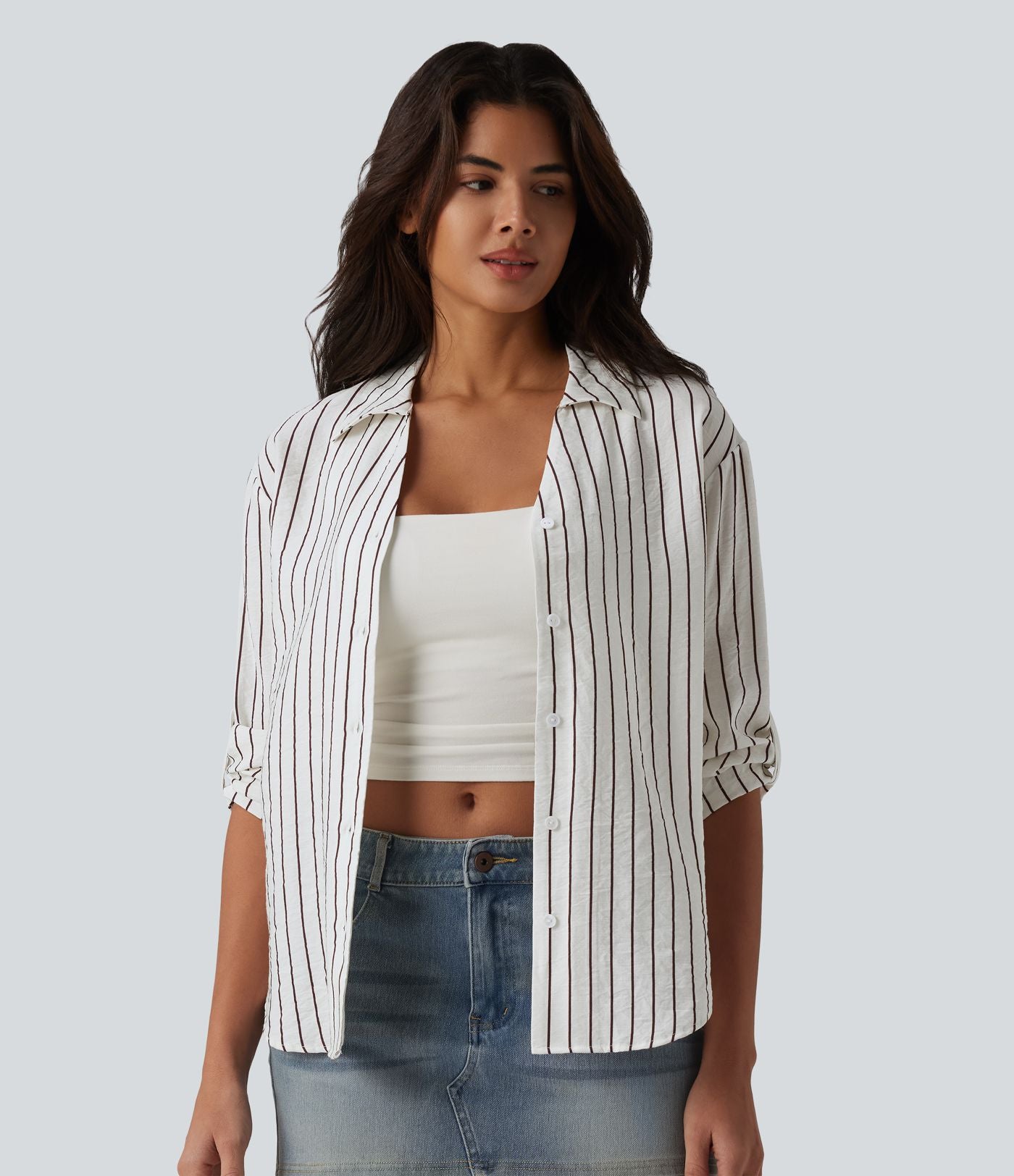 Chemise casual à rayures aspect lin col V manches longues retroussables et ourlet arrondi