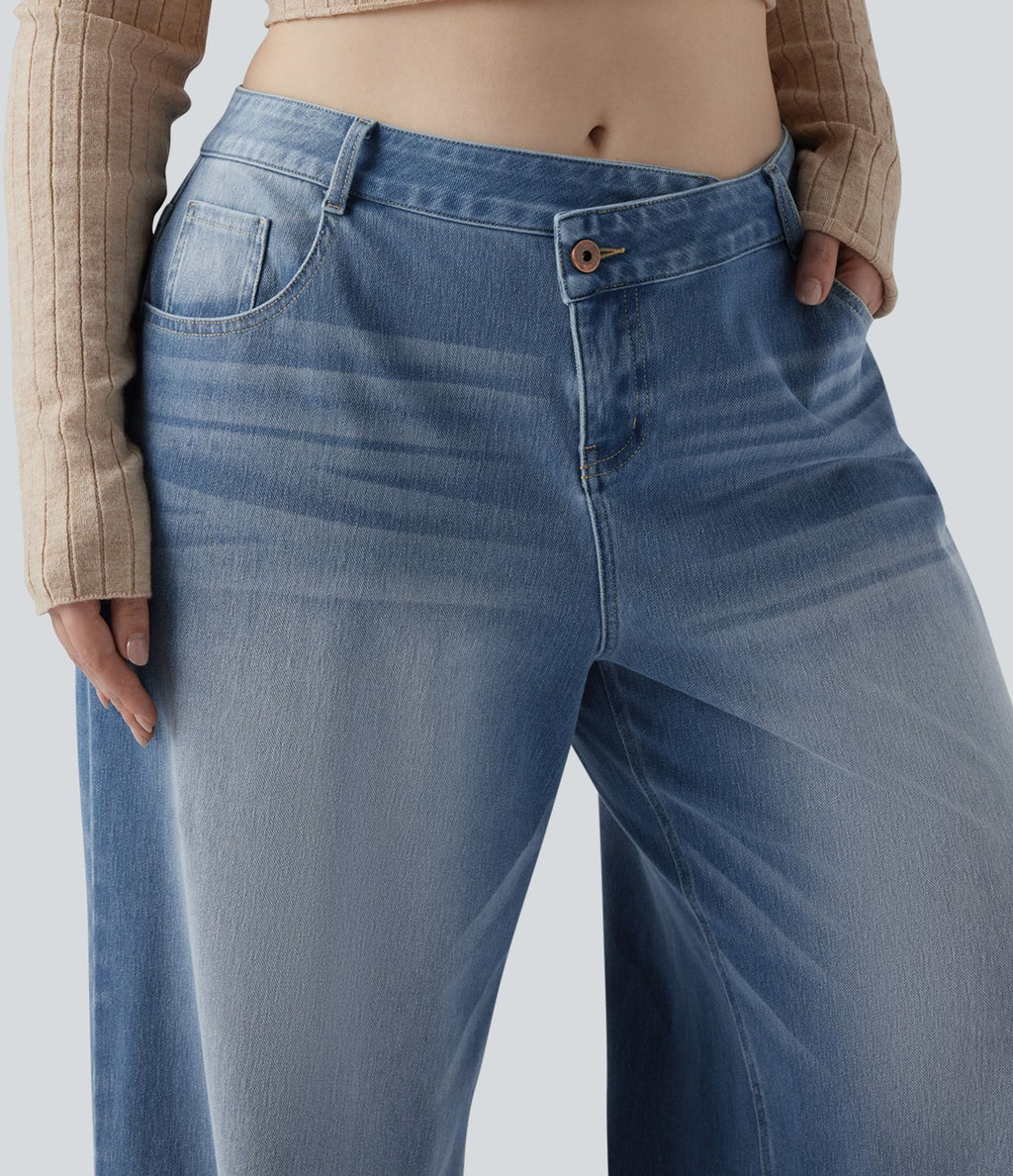 Jean décontracté grande taille Halara Flex™ asymétrique taille basse jambes larges effet délavé avec poches
