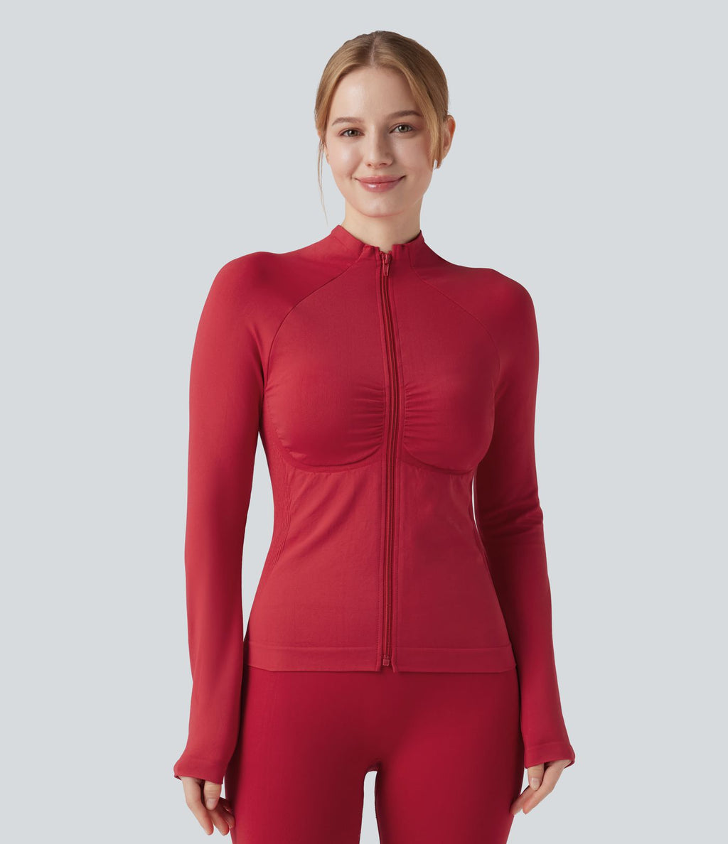 OneForm Seamless Flow Veste yoga zippée froncée à manches longues