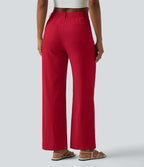 Pantalon taille haute coupe droite effet lin avec poches