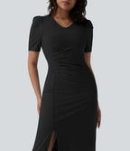 Robe midi casual col V manches courtes