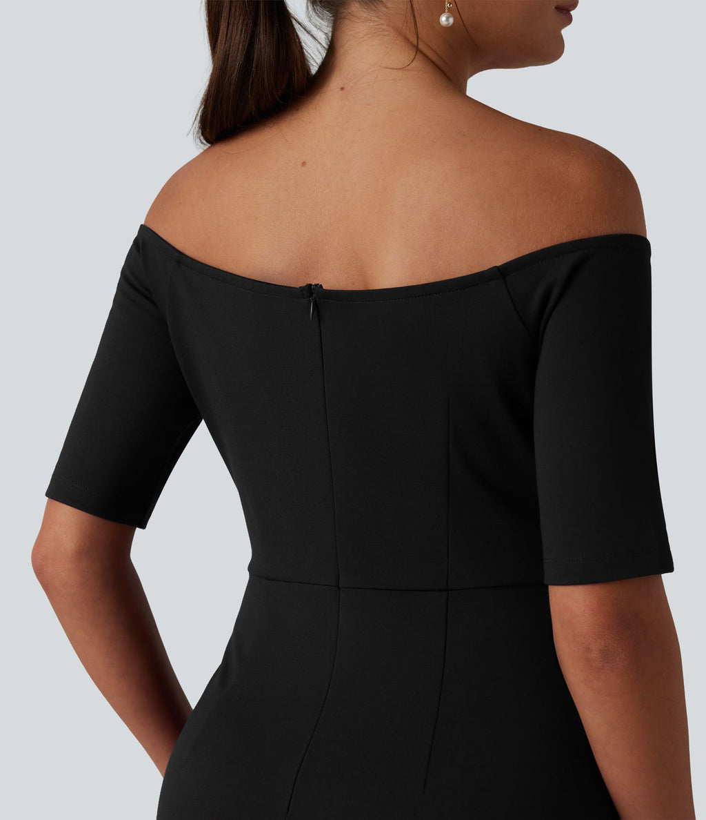 Robe midi moulante épaules dénudées manches courtes