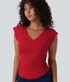 T-shirt décontracté col V manches courtes ourlet arrondi froncé