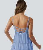 Robe nuisette courte décontractée à volants, dos nu croisé, empiècement en résille, brassière intégrée et poches
