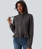 Sweat-shirt décontracté en coton à capuche avec cordon de serrage manches longues ourlet à volants