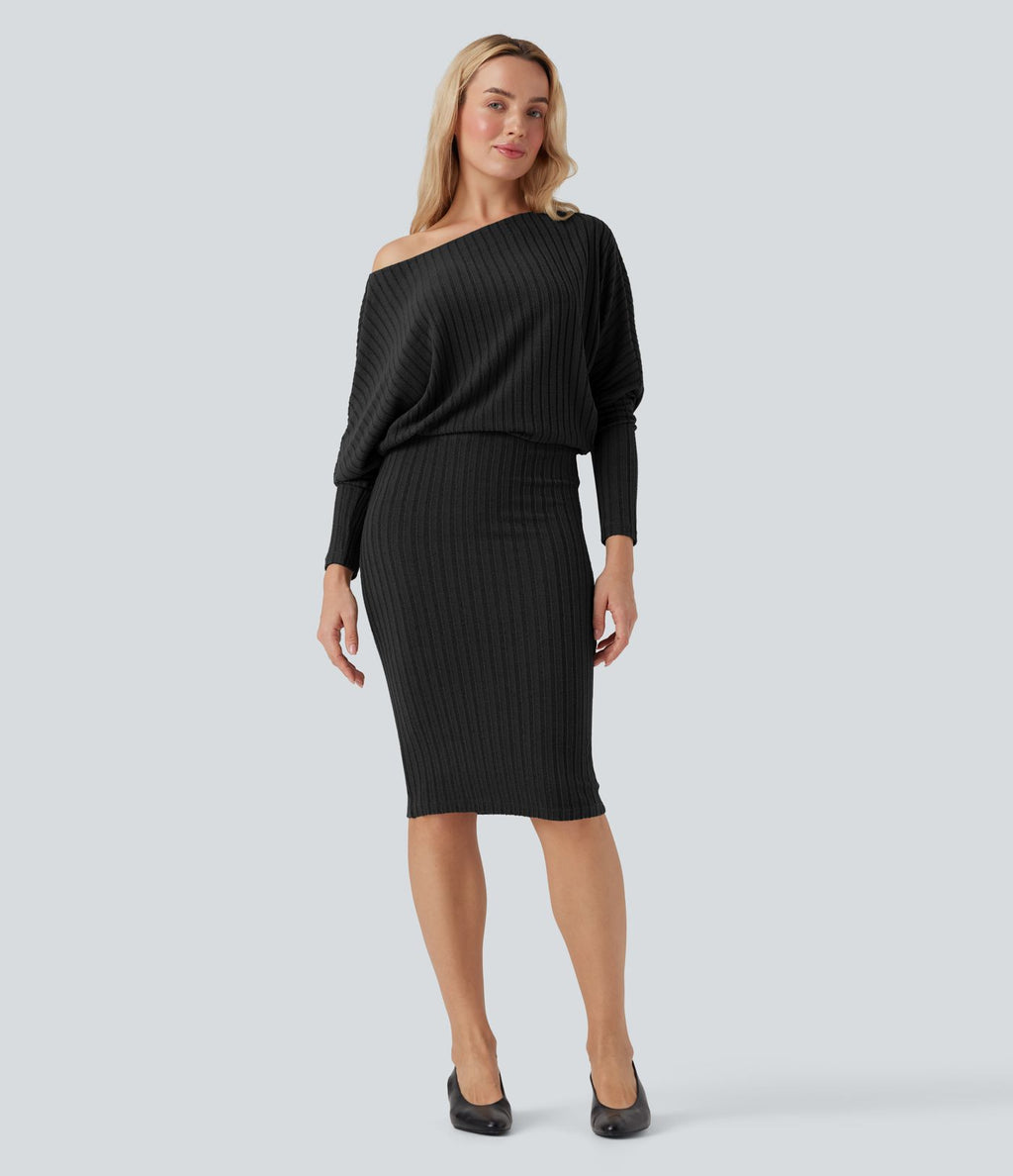 Robe de mi-longue moulante décontractée maille côtelée épaules dénudées manches chauve-souris