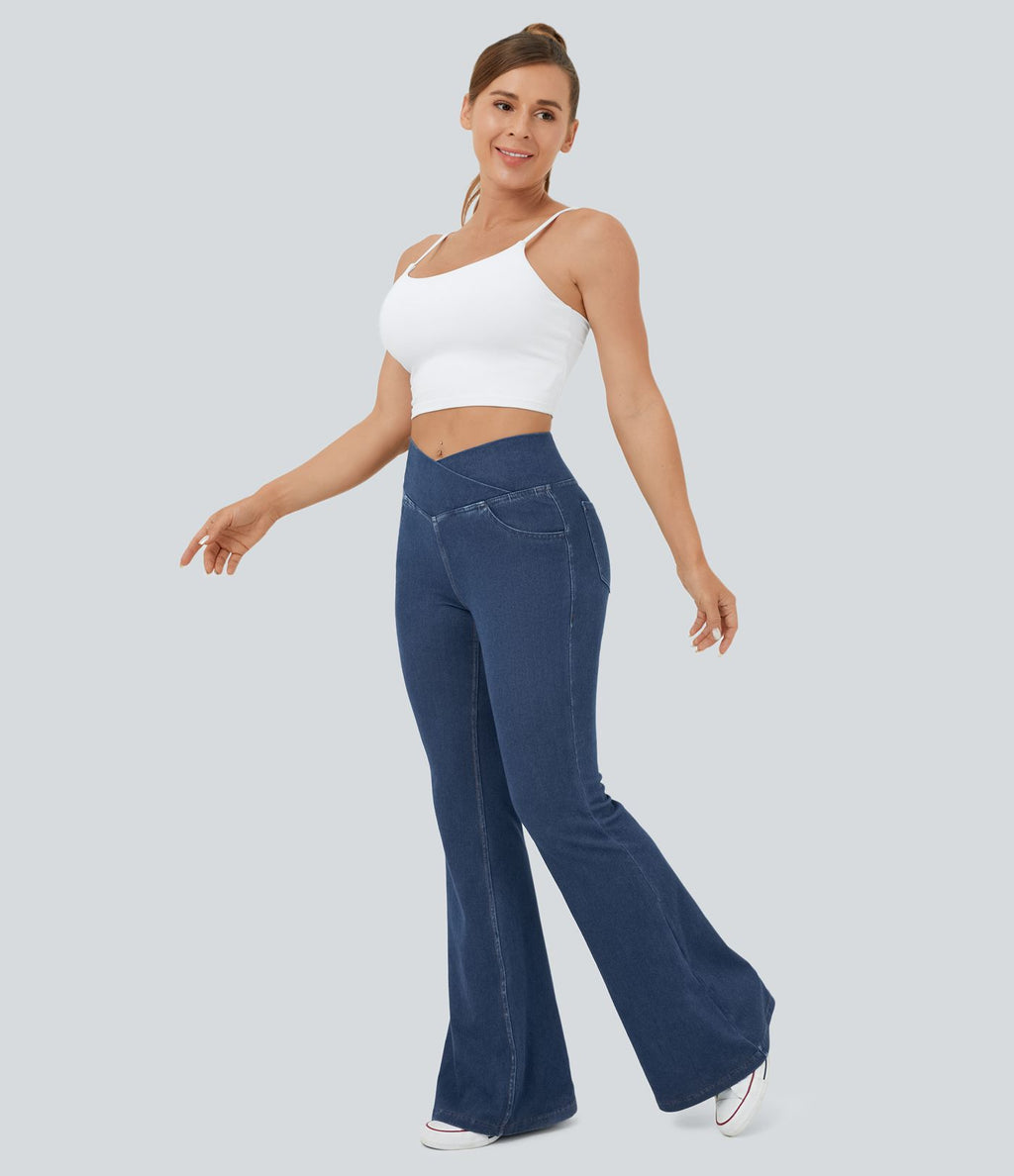Jean super évasé Halara Flex™ décontracté maille denim extensible délavée effet frais InstantCool taille haute poches croisées
