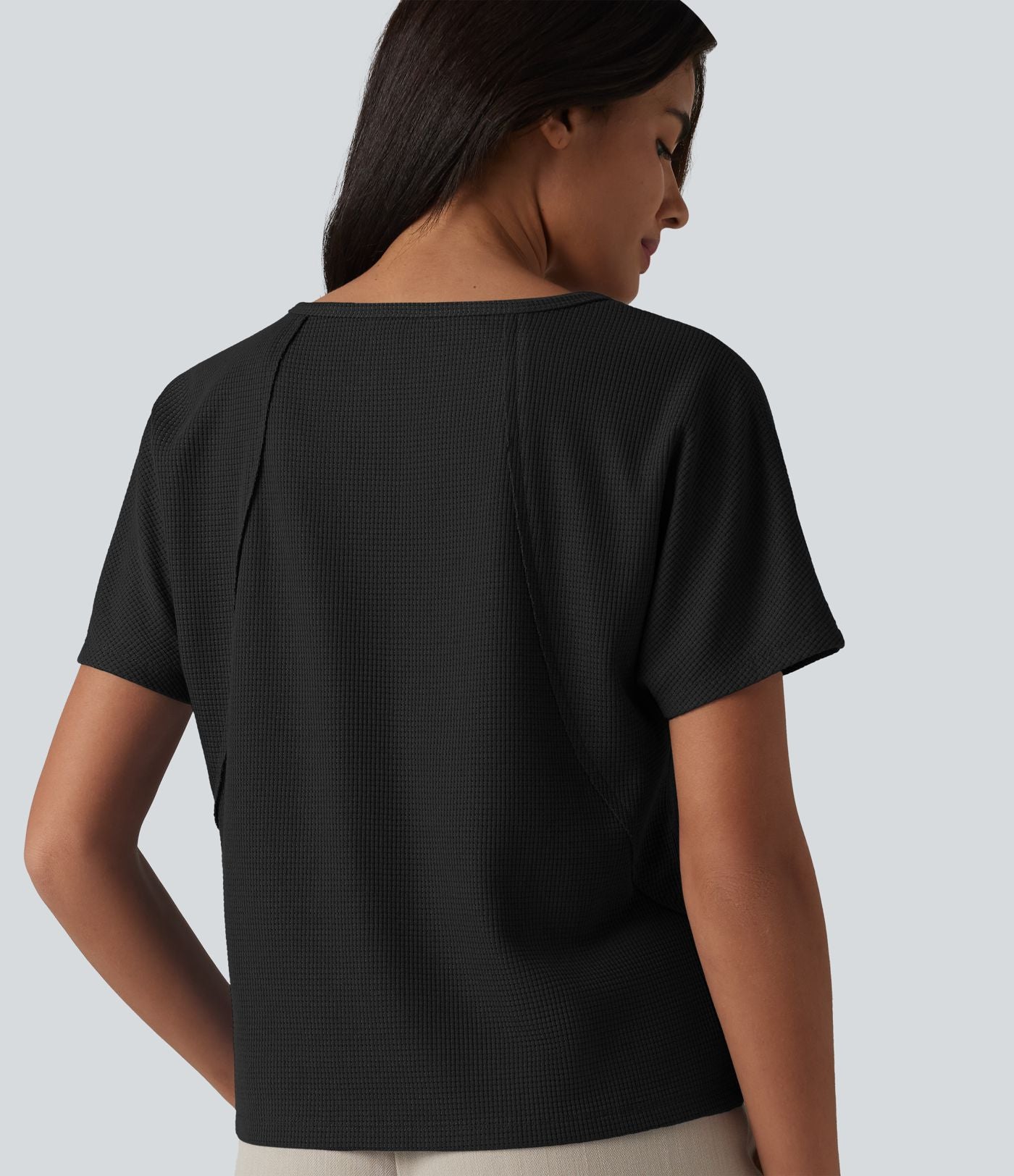 T-shirt casual en tissu gaufré à encolure cœur et manches courtes