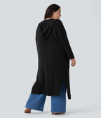 Cardigan long casual à capuche avec poches latérales et fentes grande taille manches longues