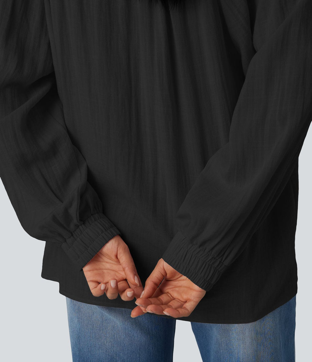 Blouse casual oversize aspect lin à épaules dénudées, lien noué et manches longues