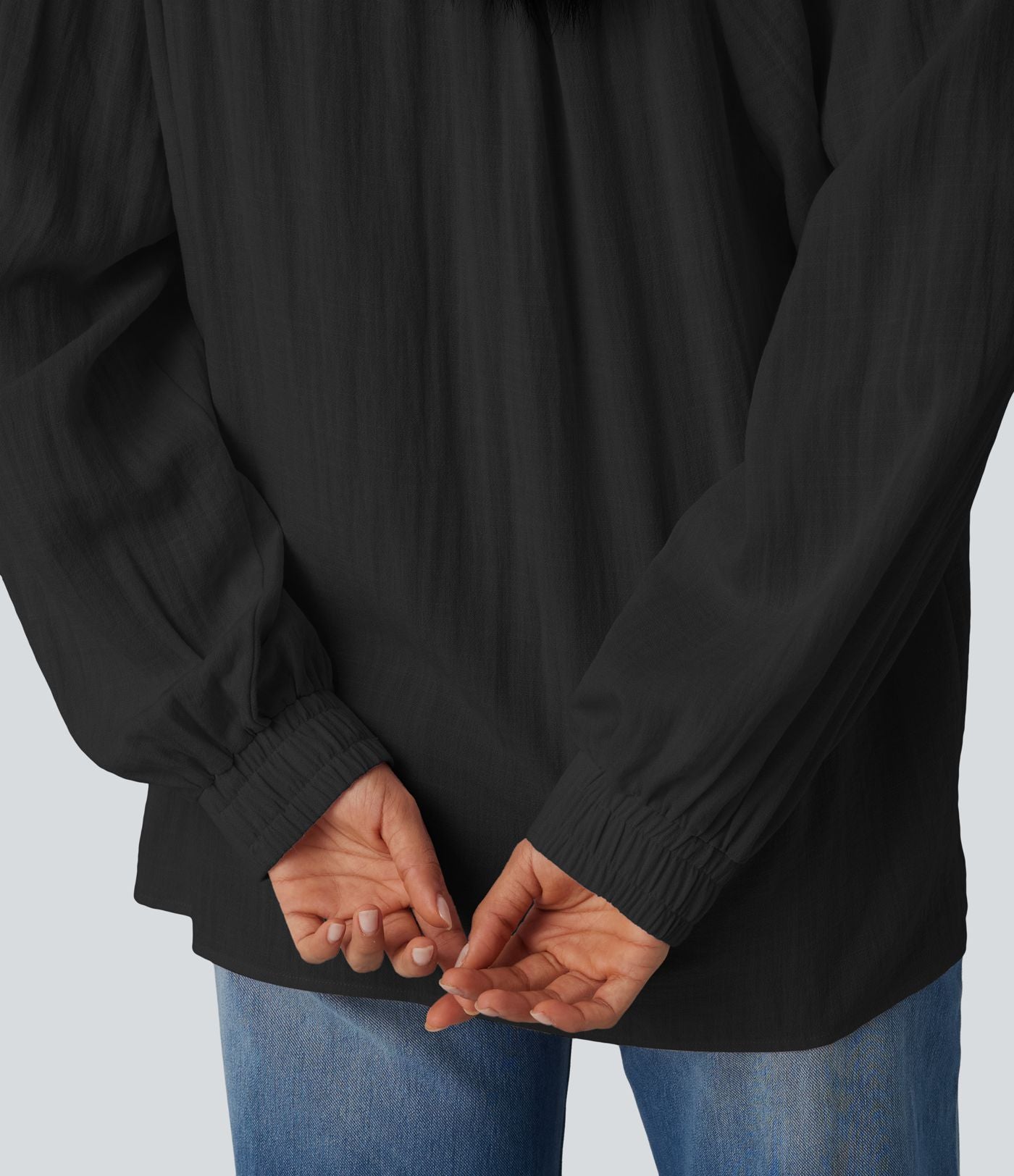 Blouse casual oversize aspect lin à épaules dénudées, lien noué et manches longues