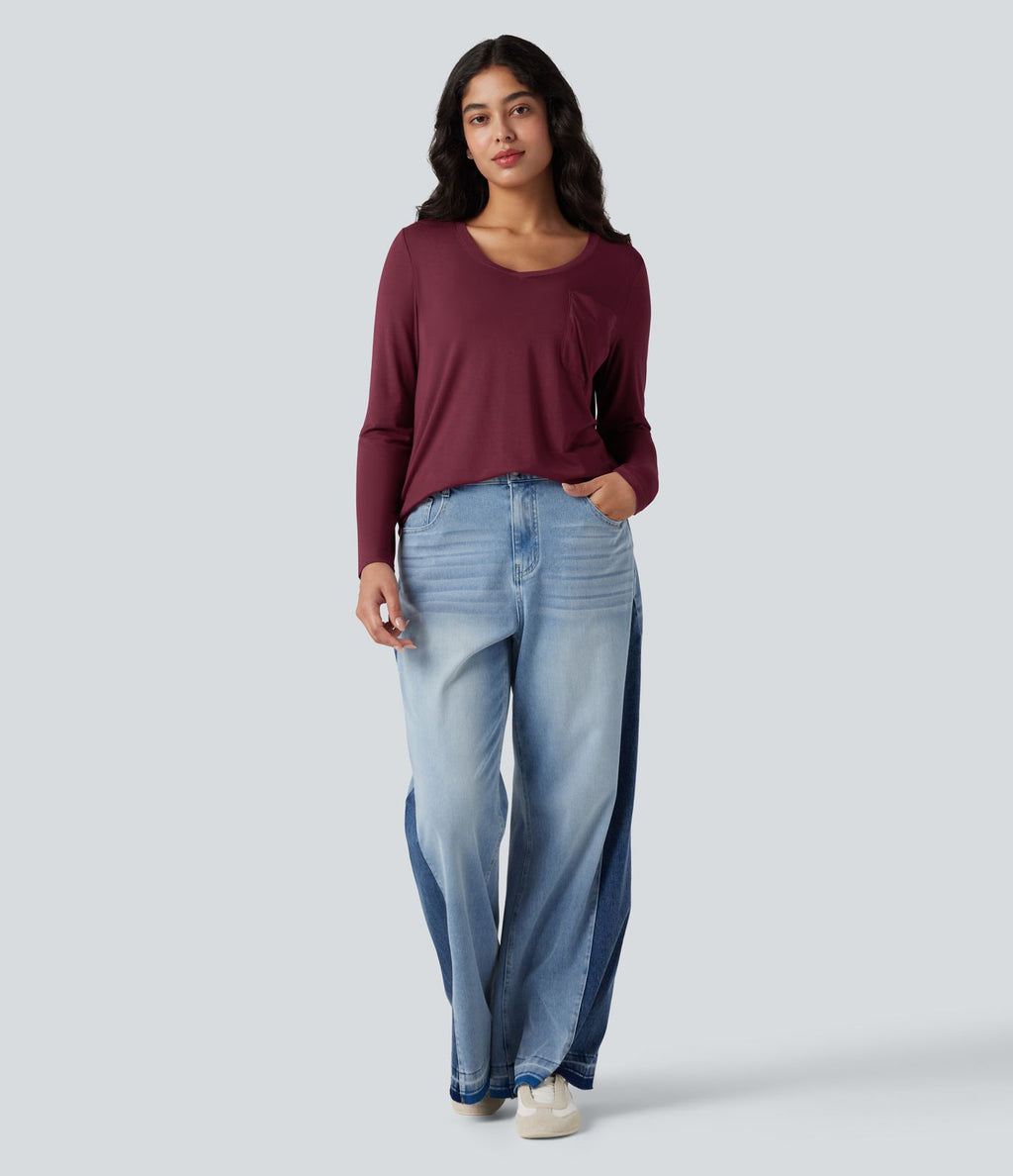T-shirt col V manches longues ourlet arrondi coupe décontractée avec poche