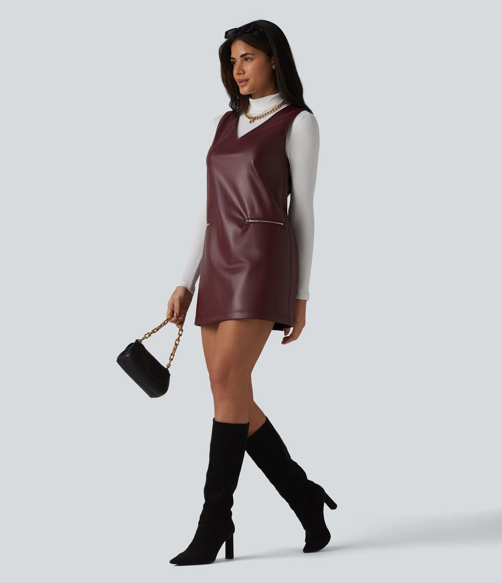 Robe de travail mini sans manches à col en V en polaire PU extensible avec poches