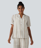Blouse décontractée col V manches courtes à rayures