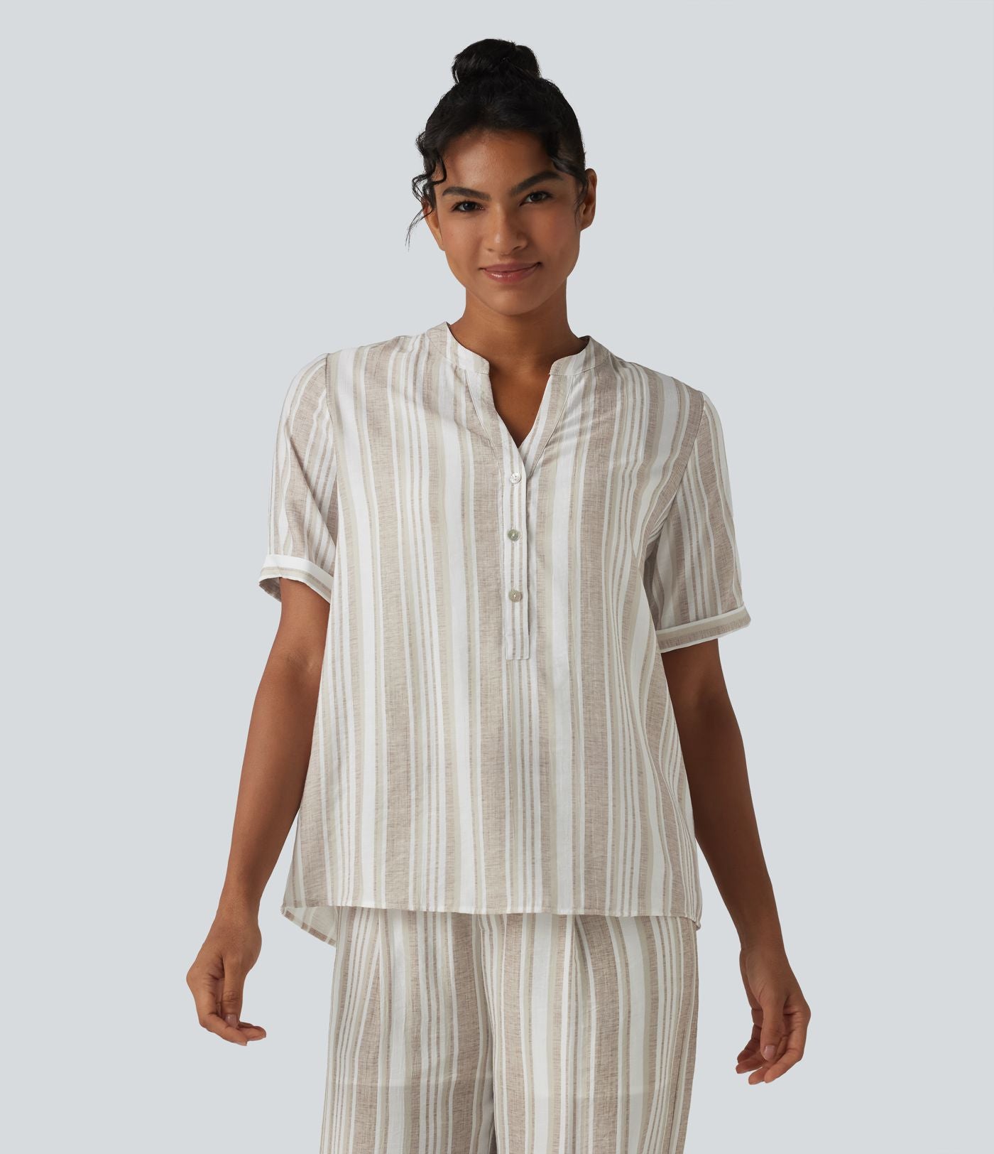 Blouse décontractée col V manches courtes à rayures