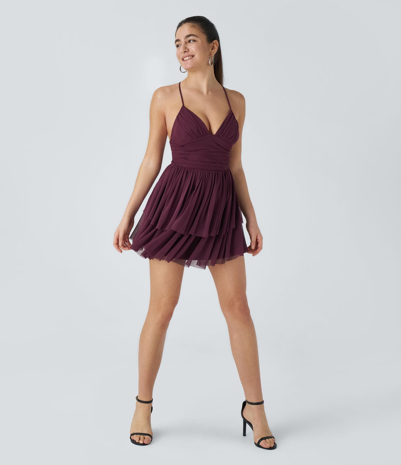 Robe Soirée Mini Superpositions en Maille avec Dos Nu Croisé Lacets