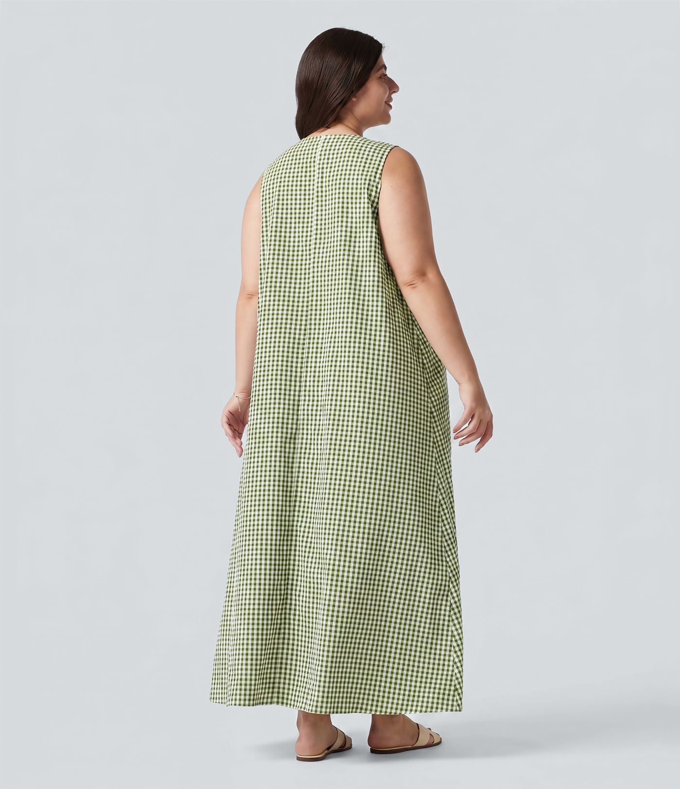 Robe débardeur midi sans manches col rond en vichy froissé grande taille à poches