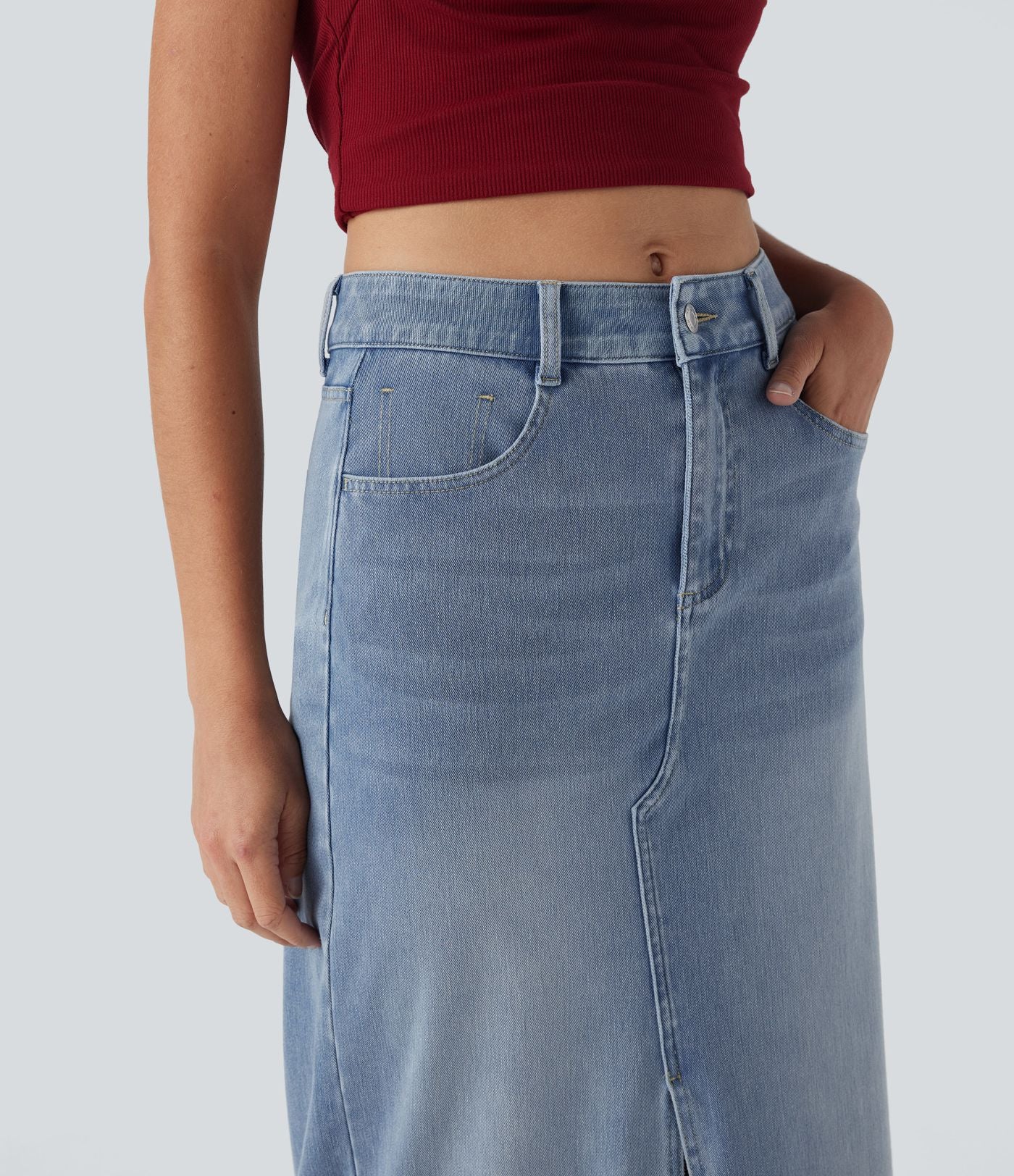 Halara Flex™ Jupe en Jean longue décontractée extensible délavé taille moyenne avec fente et multiples poches