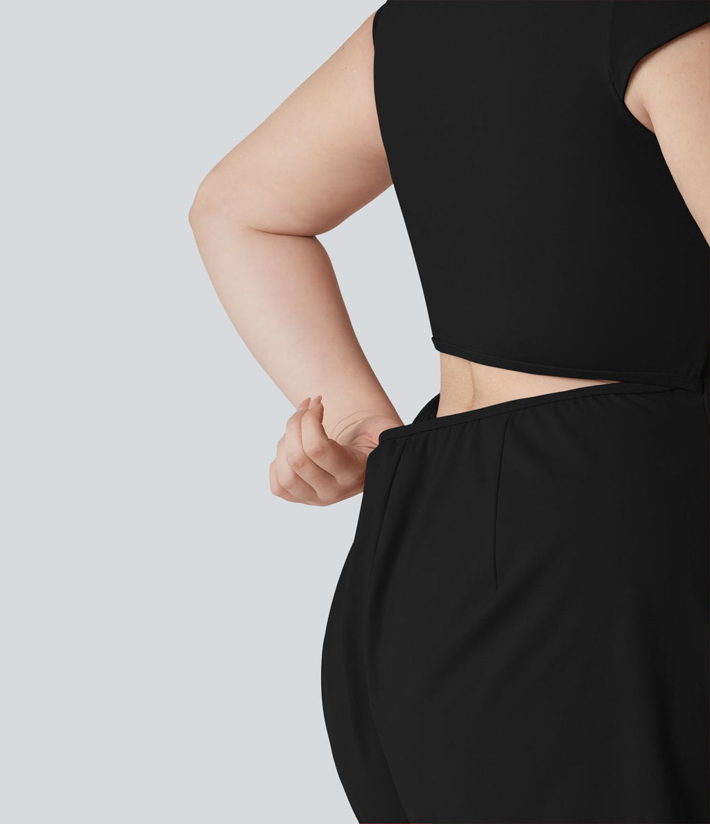 Combishort grande taille SoftlyZero™ Airy de yoga effet frais InstantCool col U à manches courtes couvrantes, avec poches, accès facile Easy Peasy
