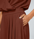 Combinaison Casual Col en V Jambes Large Plissée Manches Courtes Poche Latérale Gaufrée Fluide