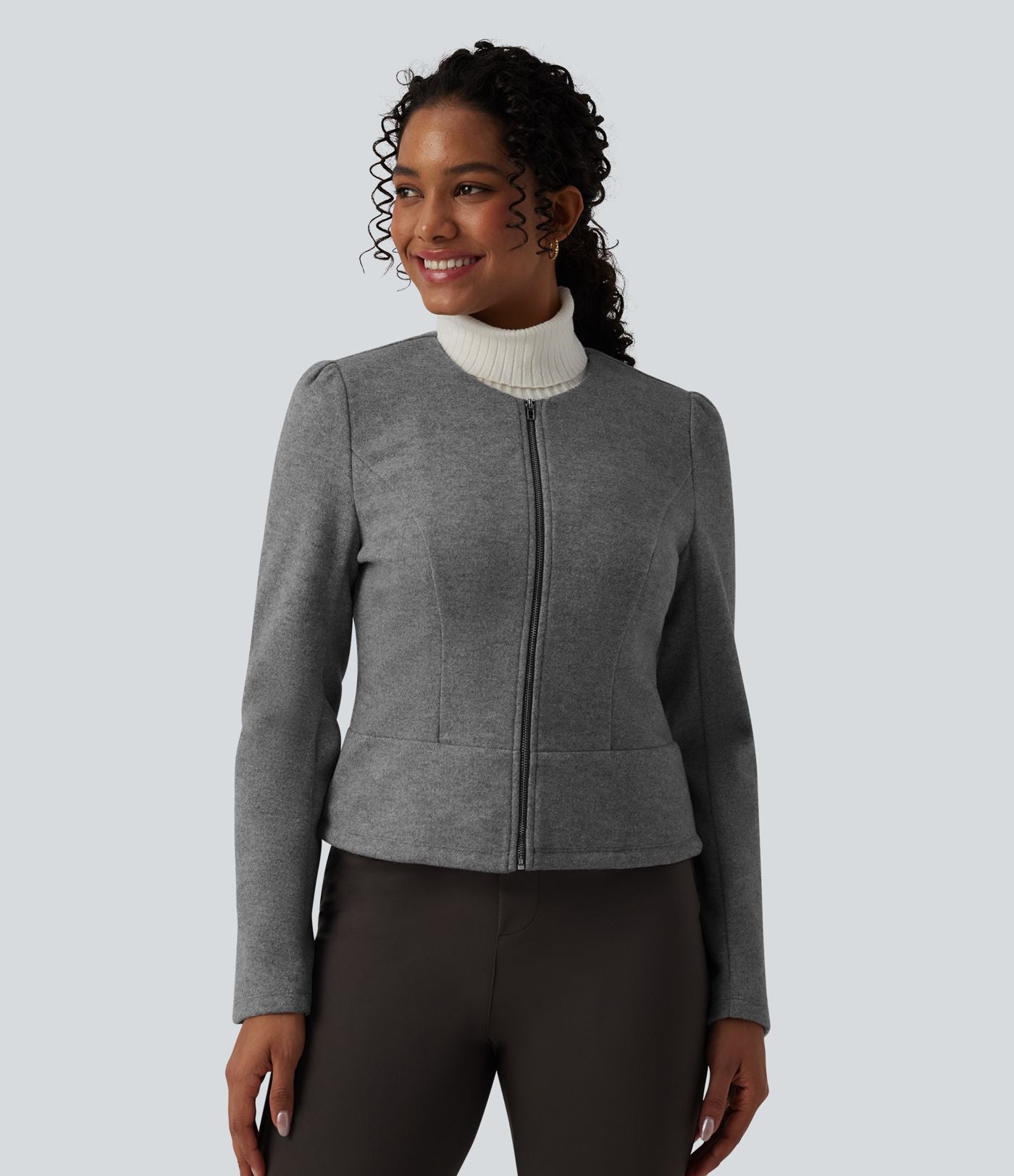 Veste tailleur polaire col rond manches longues à fermeture éclair