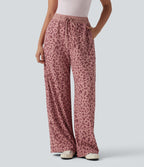 Pantalon casual large gaufré imprimé léopard taille haute avec cordon de serrage et poches