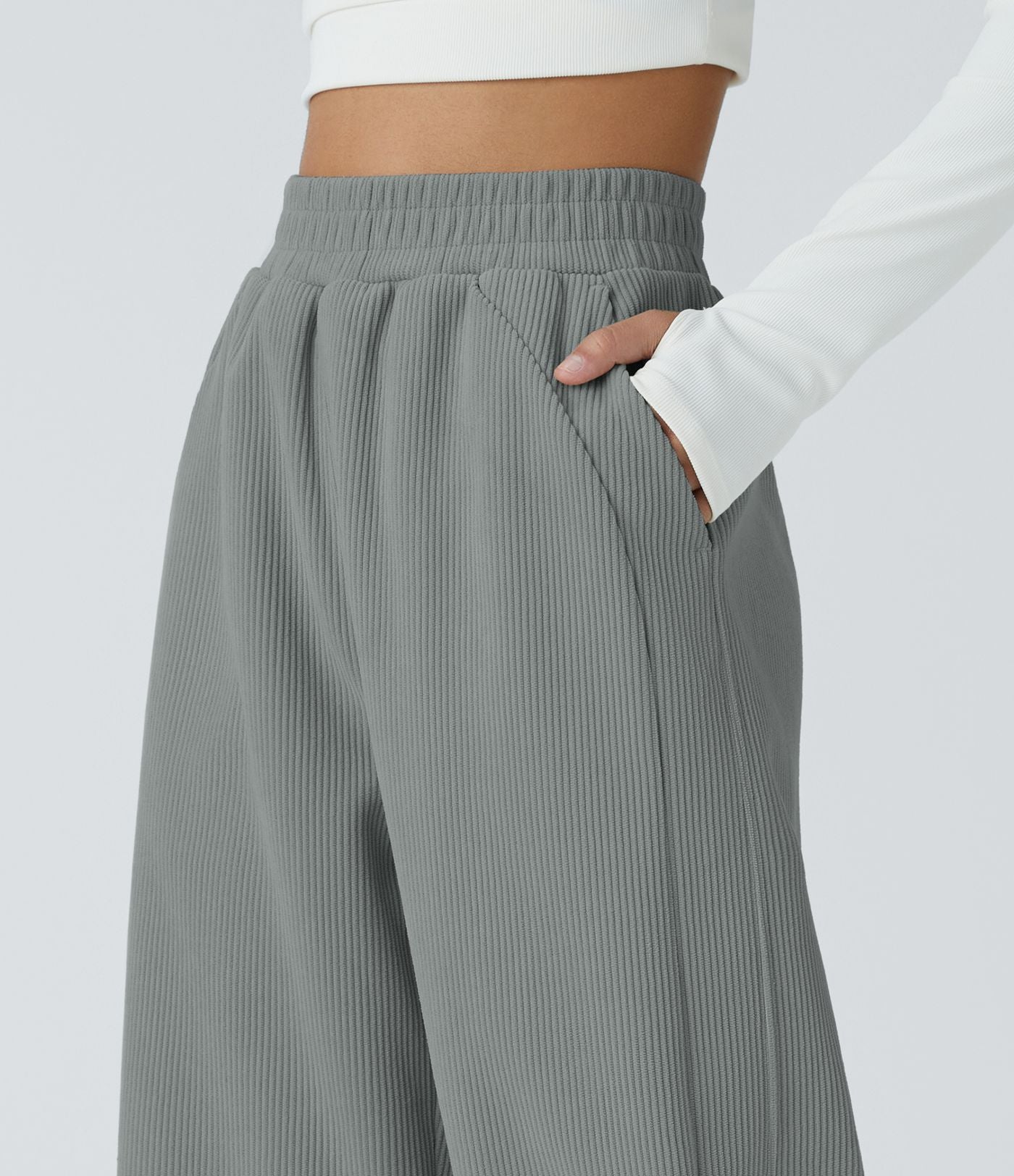 Pantalon velours côtelé de jogging décontracté à taille haute avec poches latérales