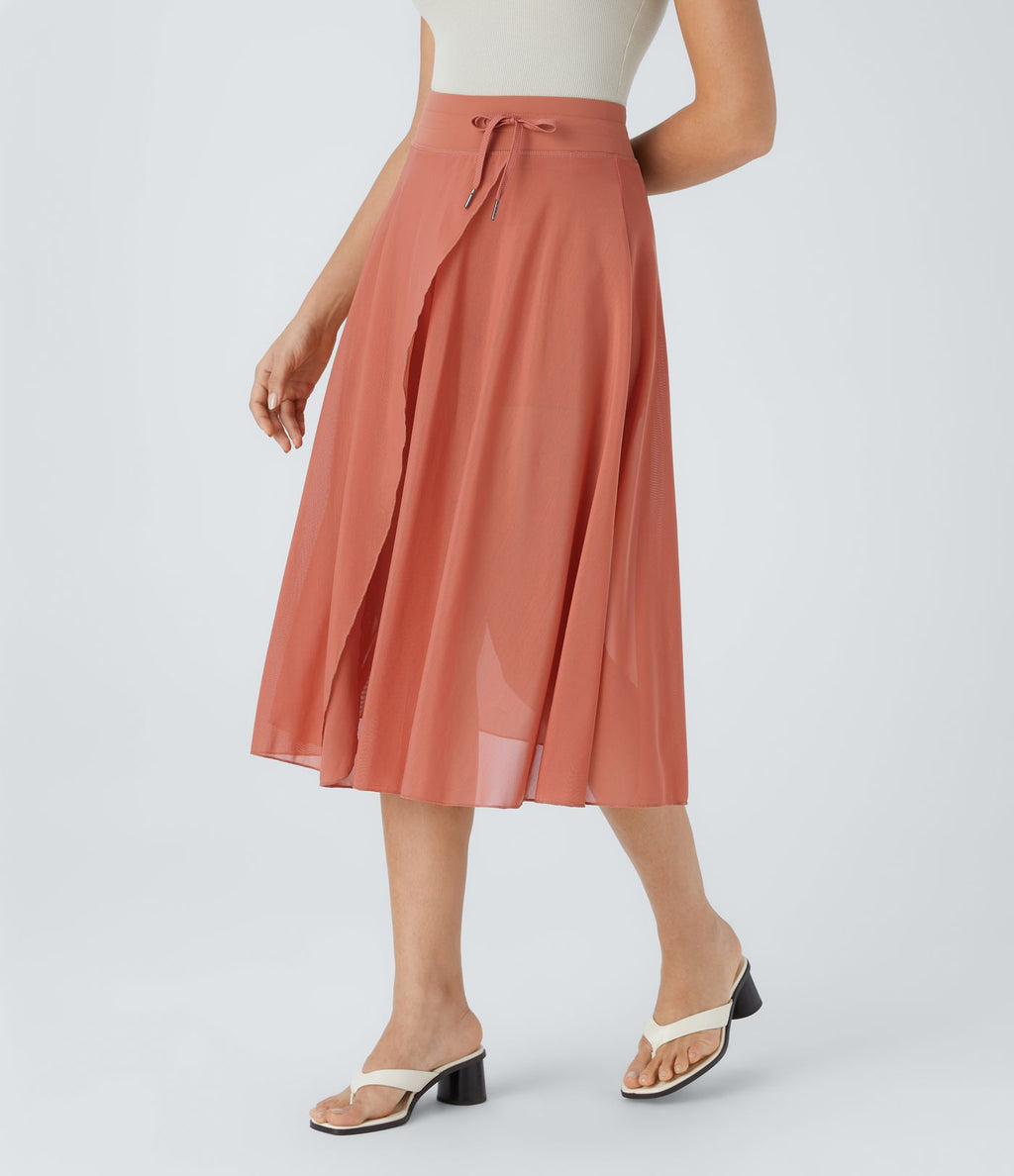 Jupe Casual Évasée Mesh Mi-Longue Fuide 2 en 1 Contrastée Taille Haute Cordon Poche Latérale