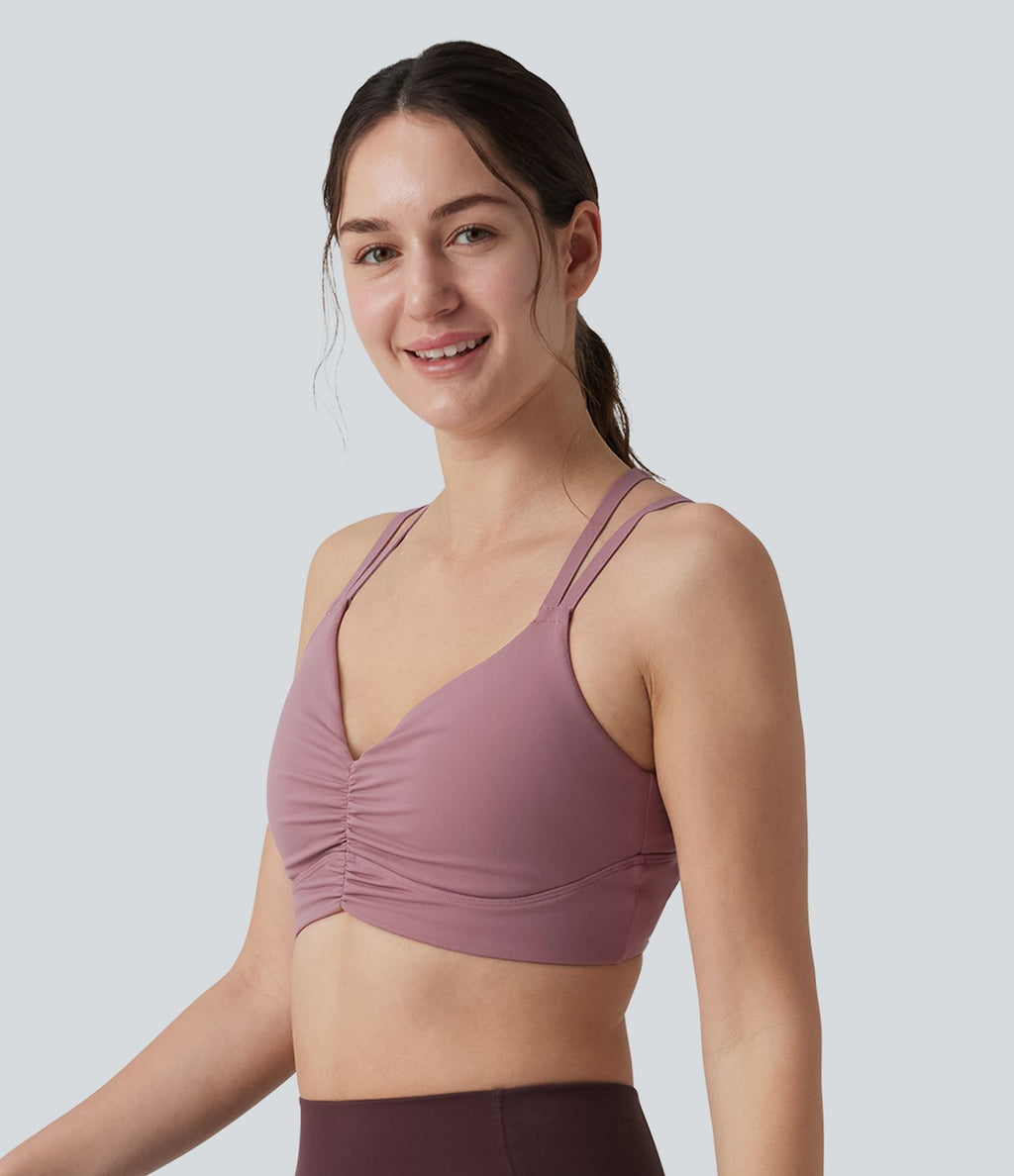 Brassière de sport yoga maintien léger dos croisé ouvert bretelles réglables froncée avec brassière intégrée, à effet frais InstantCool et séchage rapide, protection solaire UPF50+