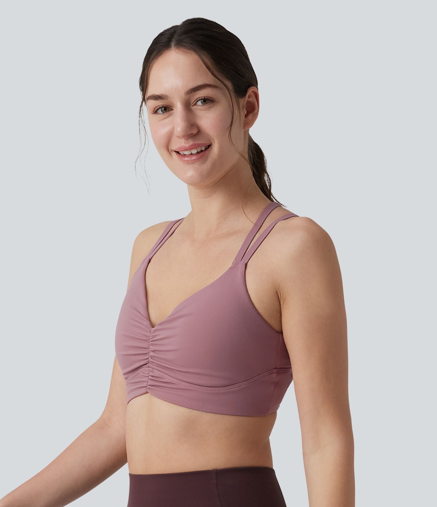 Brassière de sport yoga maintien léger dos croisé ouvert bretelles réglables froncée avec brassière intégrée, à effet frais InstantCool et séchage rapide, protection solaire UPF50+