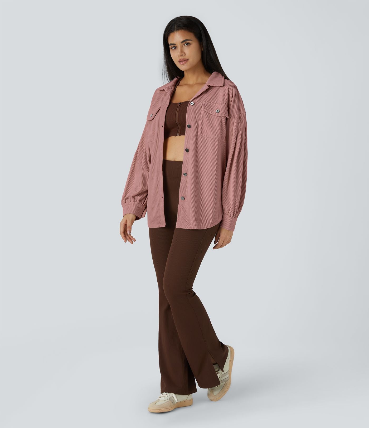 Veste Casual en Velours Côtelé à Col Boutonné Poches et Manches Longues Ourlet Courbé