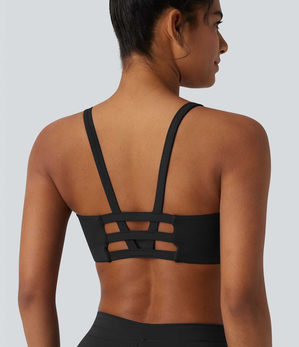 Brassière de sport yoga col U échancré color block imprimé lettrage avec brassière intégrée maintien léger