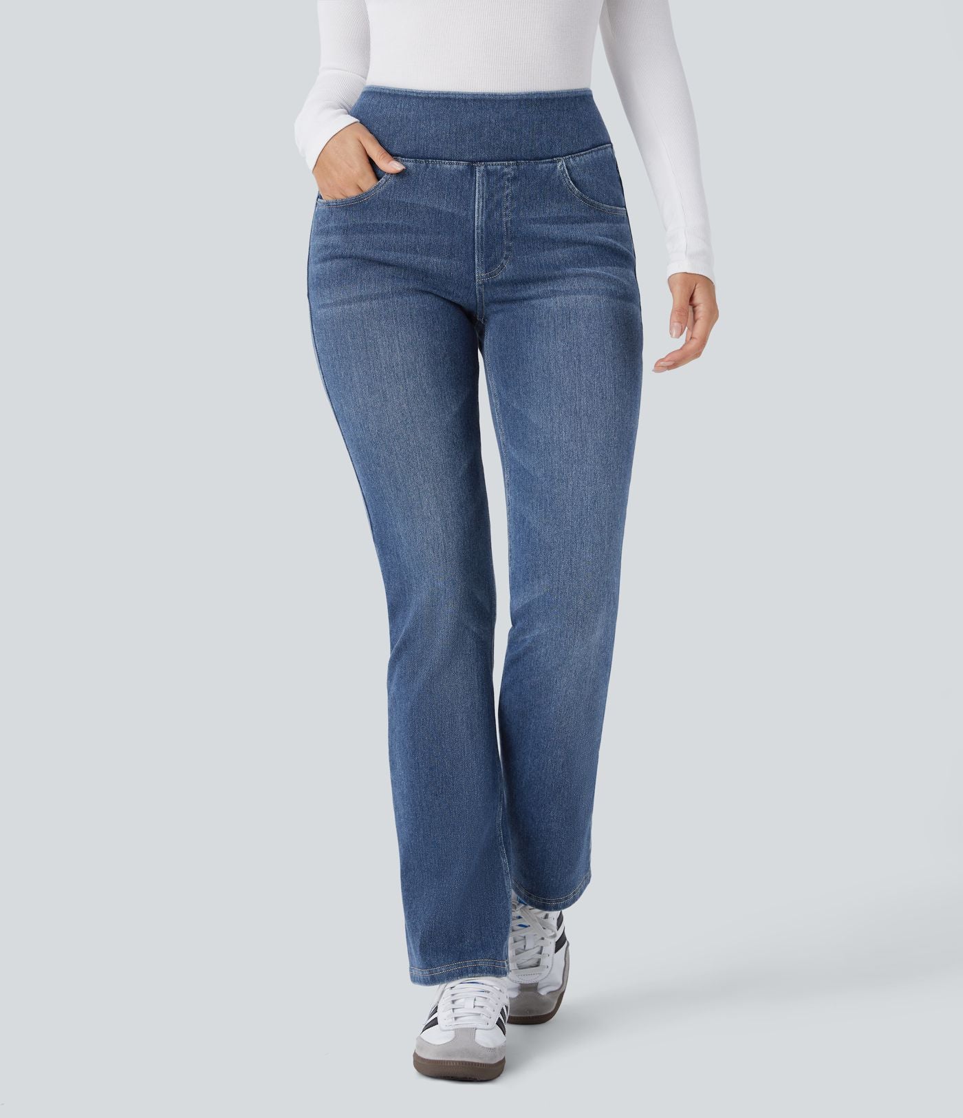 Halara Flex™ Jean évasé casual délavé en molleton taille haute avec poches