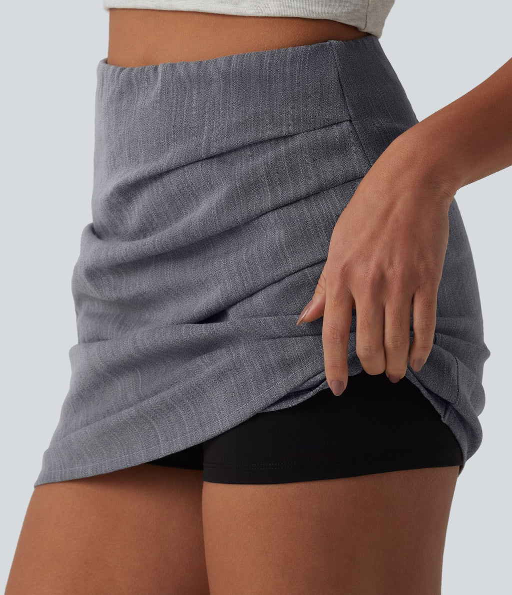 Jupe mini moulante casual 2-en-1 aspect lin taille haute avec fermeture éclair invisible, drapé froncé et ourlet croisé