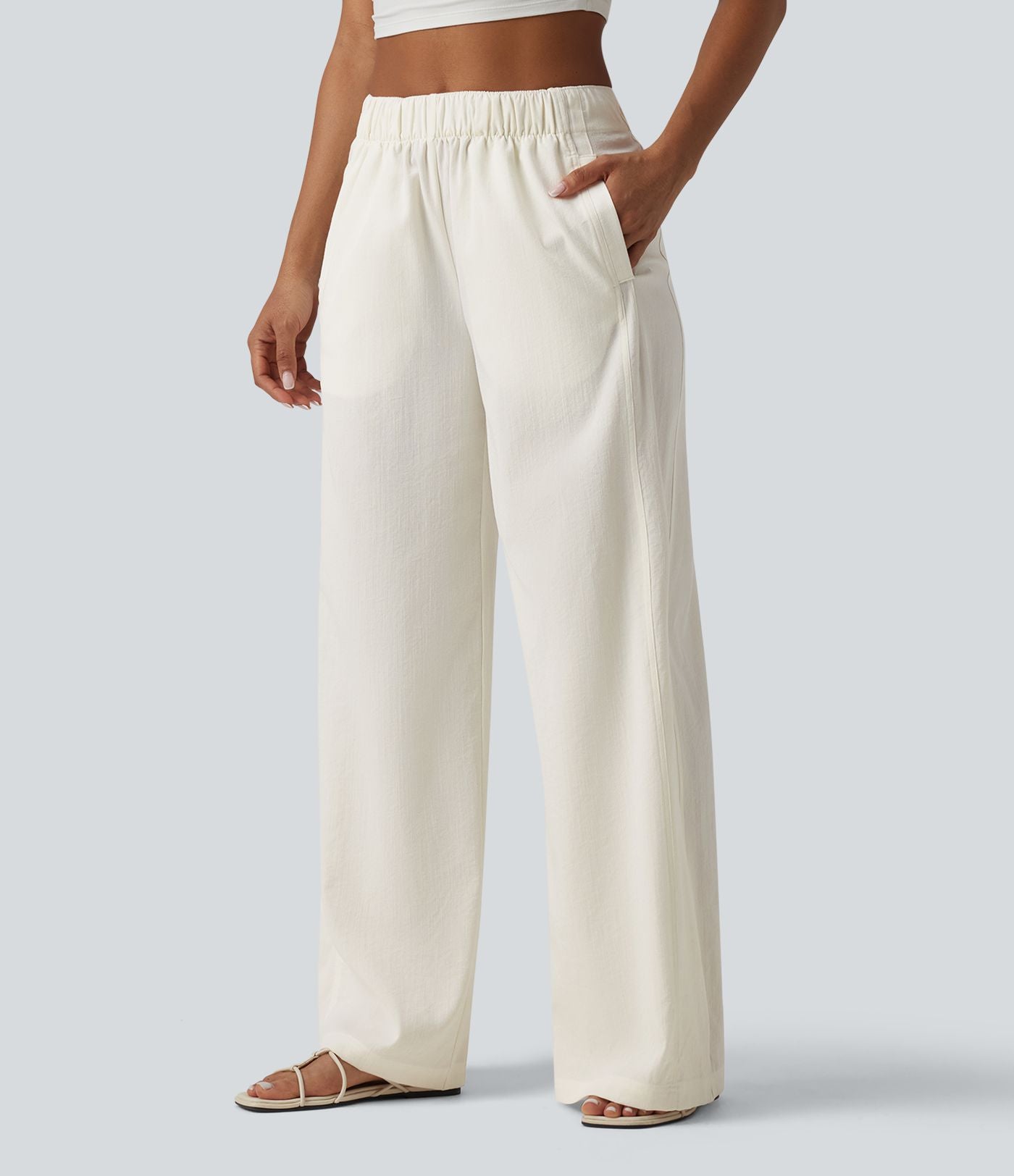 Pantalon casual ample aspect lin taille mi-haute avec poches