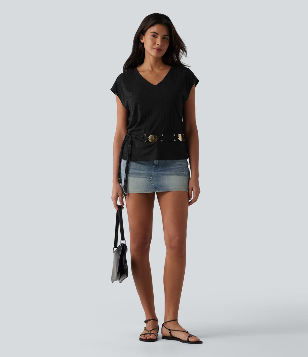 T-shirt casual jacquard col V à manches courtes