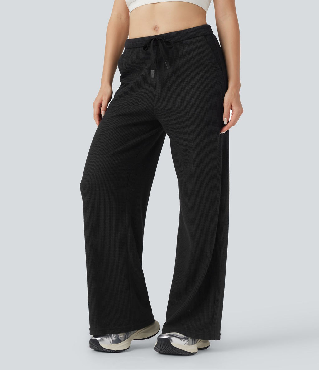 Pantalon large décontracté maille gaufrée taille mi-haute avec cordon et poches
