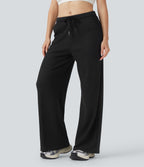 Pantalon large décontracté maille gaufrée taille mi-haute avec cordon et poches
