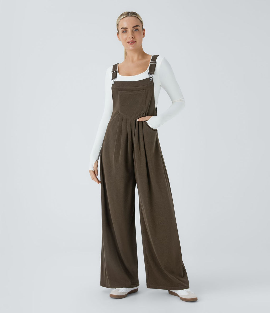 Salopette Casual à Bretelles Ajustables en Tricot Côtelé avec Multiples Poches Plissée